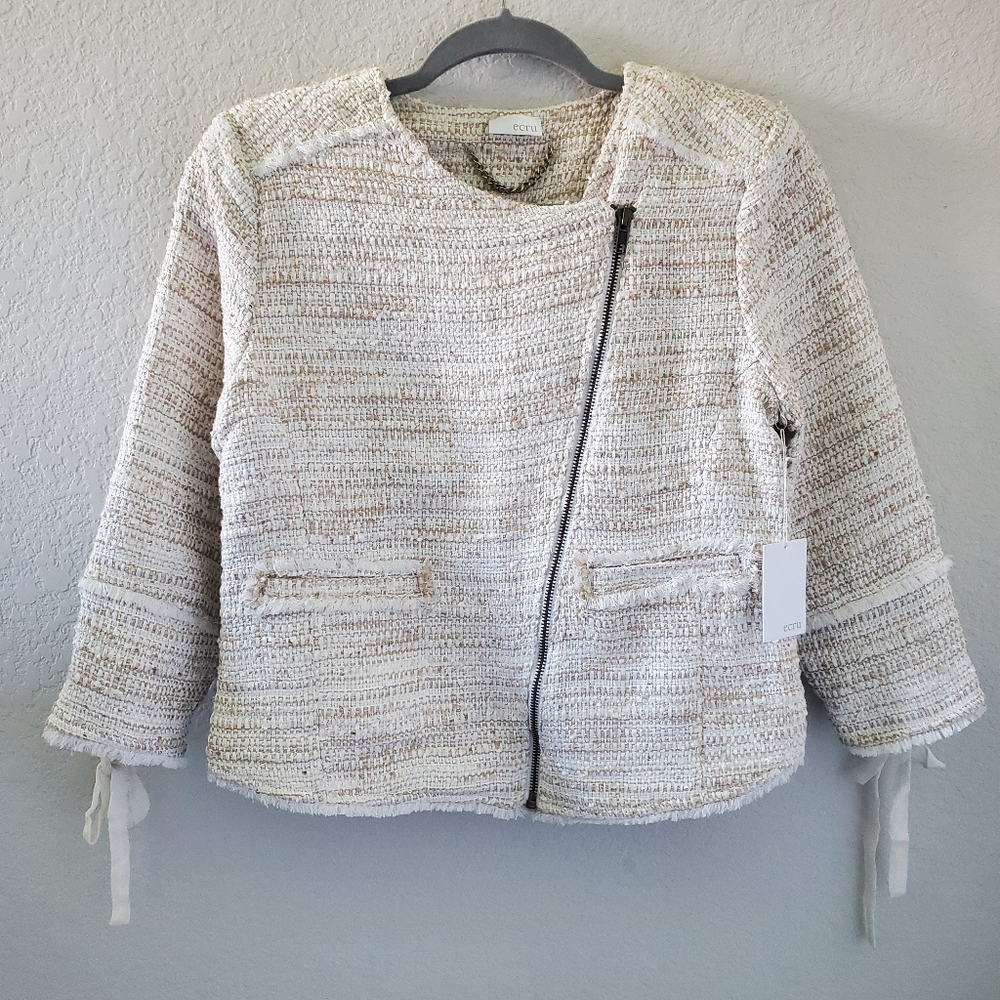 Ecru tan tweed lace up sleeves blazer NWT